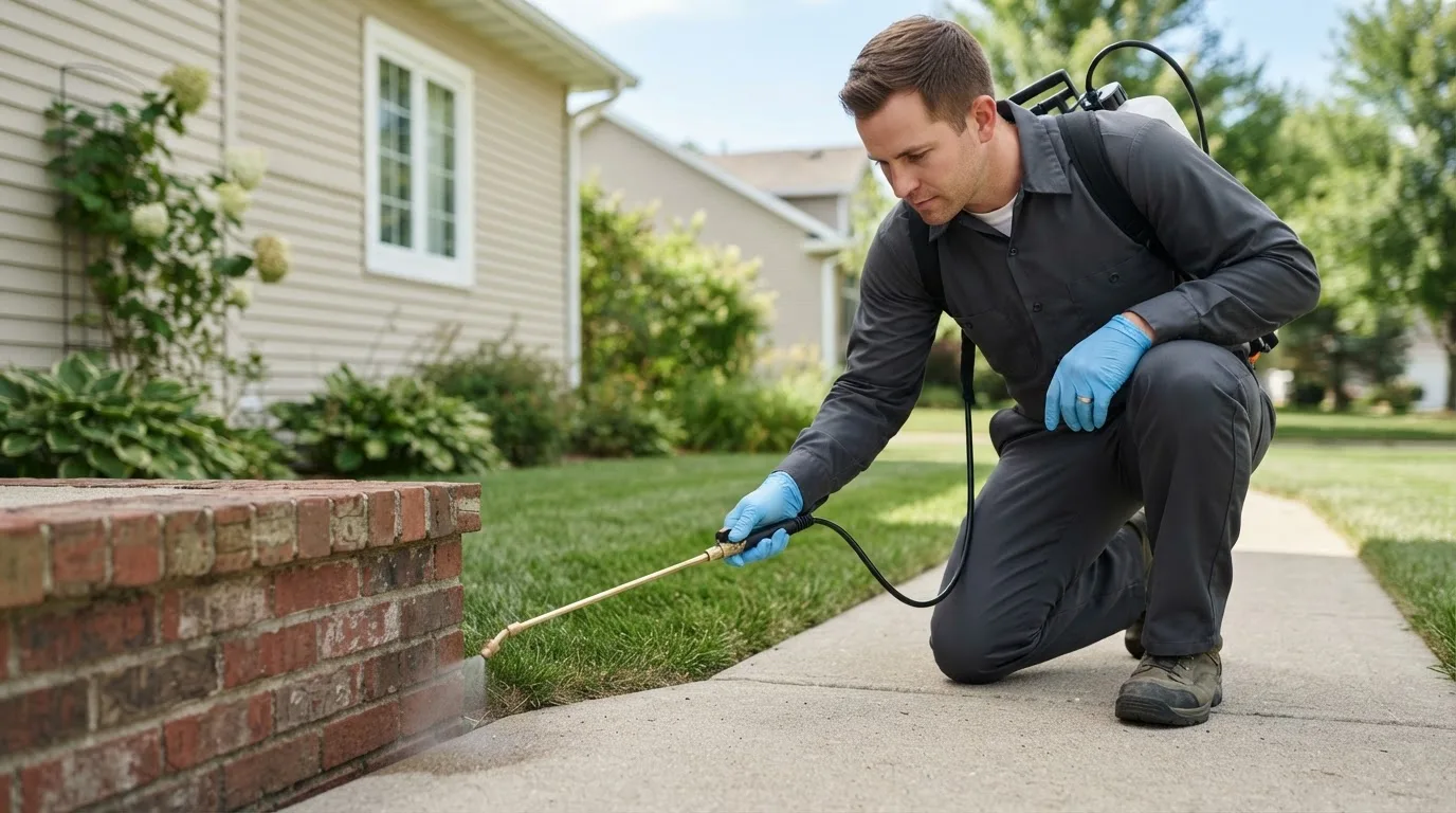 Pest control technician treating a home near Bluffs, IL