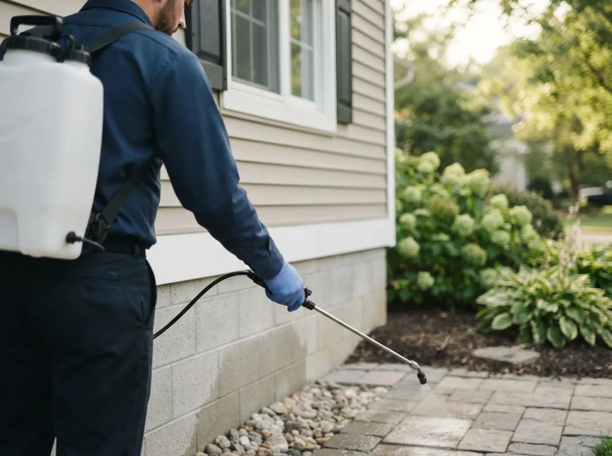 Pest control technician inspecting a home in Bluffs, IL